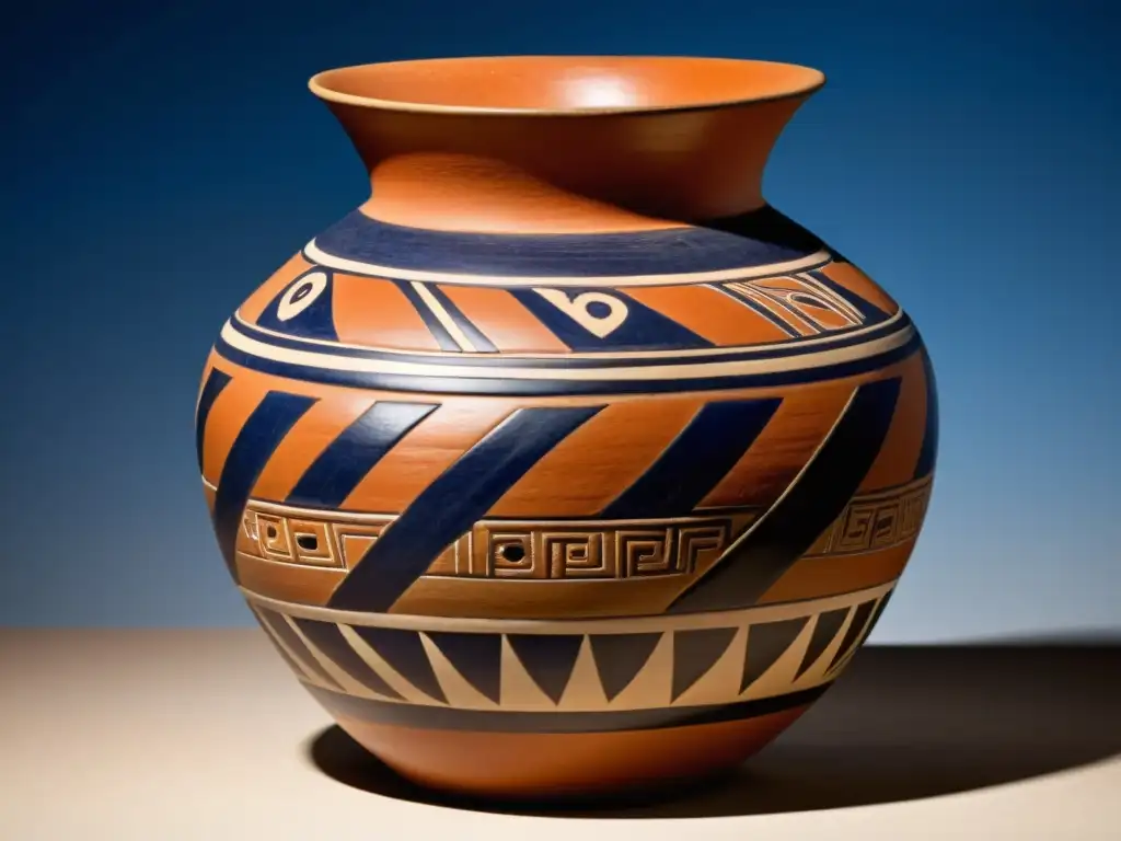 Una vasija cerámica precolombina de Chan Chan, Perú, con intrincados patrones geométricos en tonos terracota, ocre e índigo, evocando la herencia ancestral de la cultura Moche