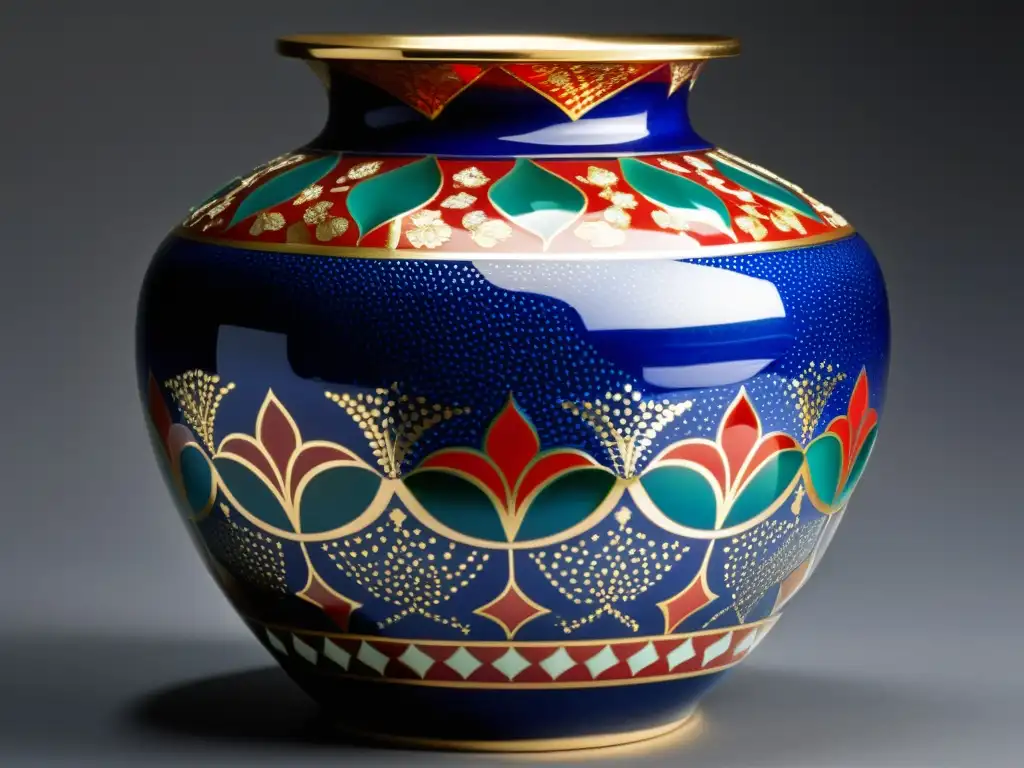 Exquisita vasija de porcelana Kutani: detalles en azul, rojo y verde Una vasija de porcelana Kutani muestra su significado cultural en detalles pintados a mano en azul, rojo y verde