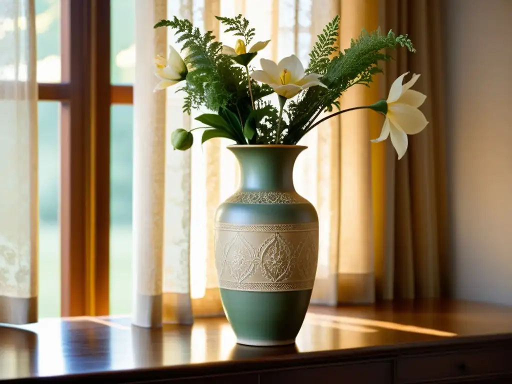 Vaso de cerámica antiguo con patina envejecida y delicados diseños florales, iluminado por luz suave