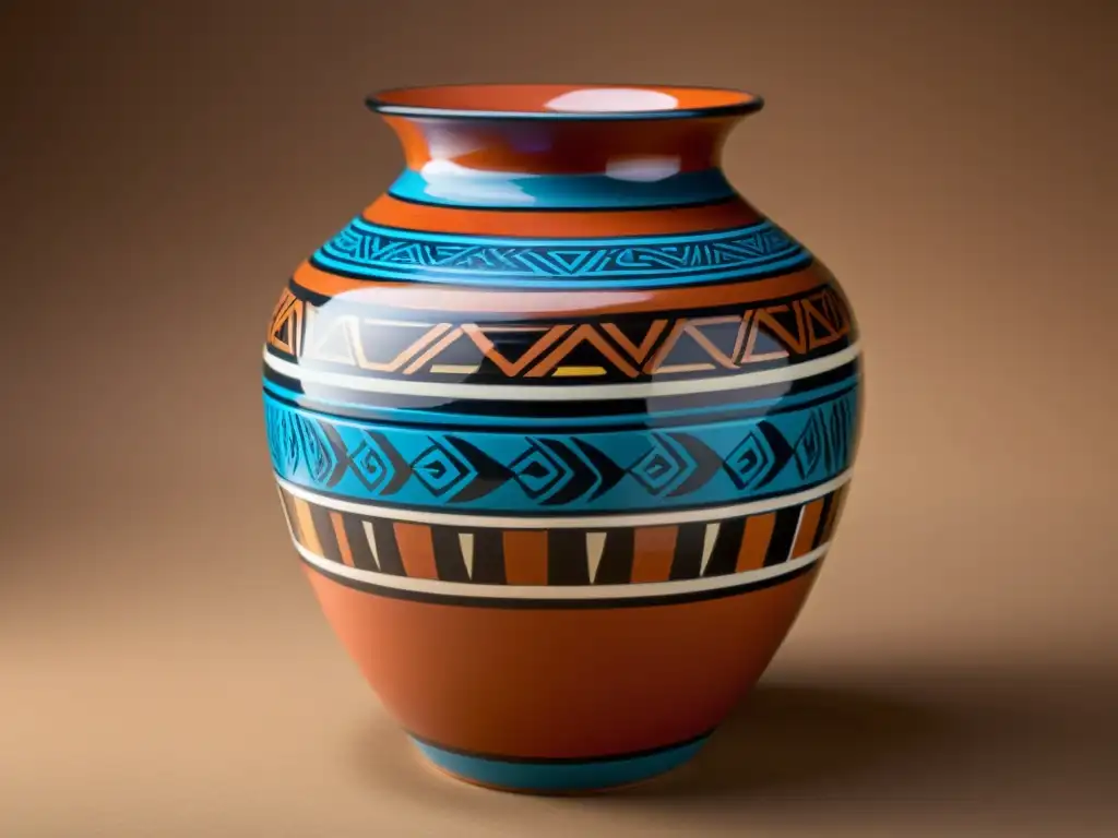 Vaso de cerámica artesanal con diseños indígenas vibrantes, evocando el renacimiento del arte indígena diseño en un vívido espectáculo visual