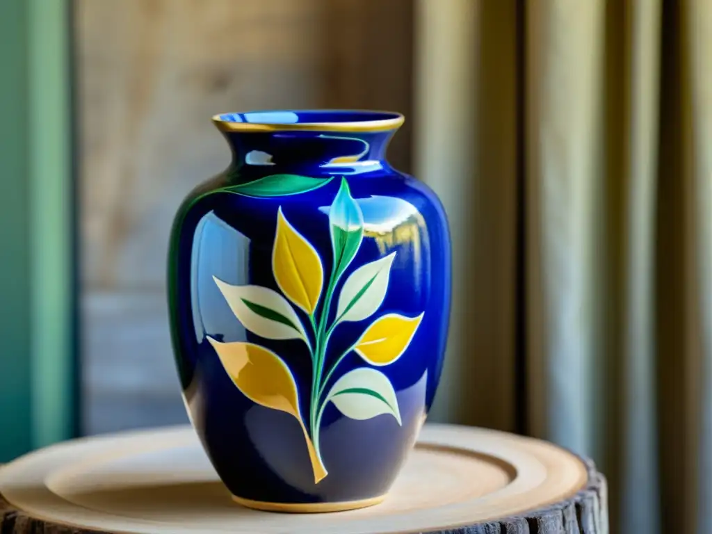 Vaso de cerámica artesanal con patrones artísticos en cobalto, esmeralda y amarillo, resplandeciendo al sol sobre madera envejecida