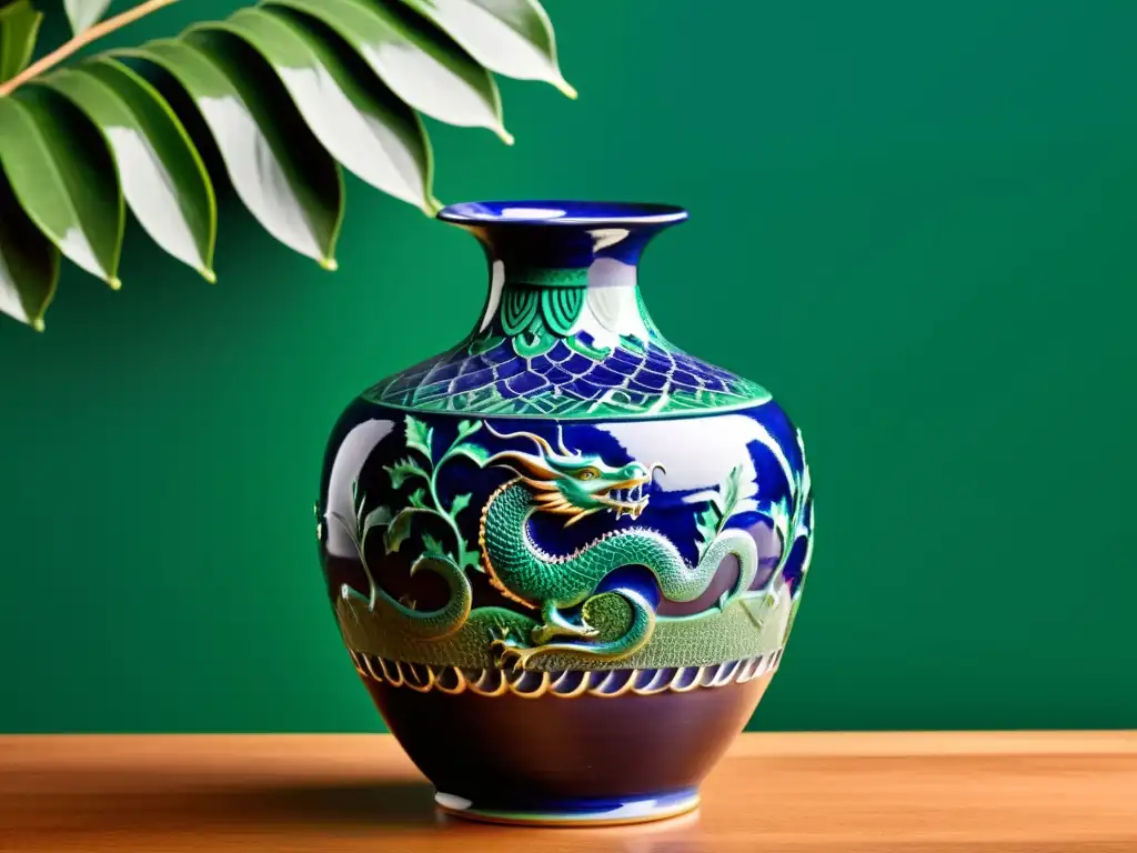 Vaso de cerámica asiática con motivos florales y dragón, muestra tradiciones antiguas con elegancia atemporal