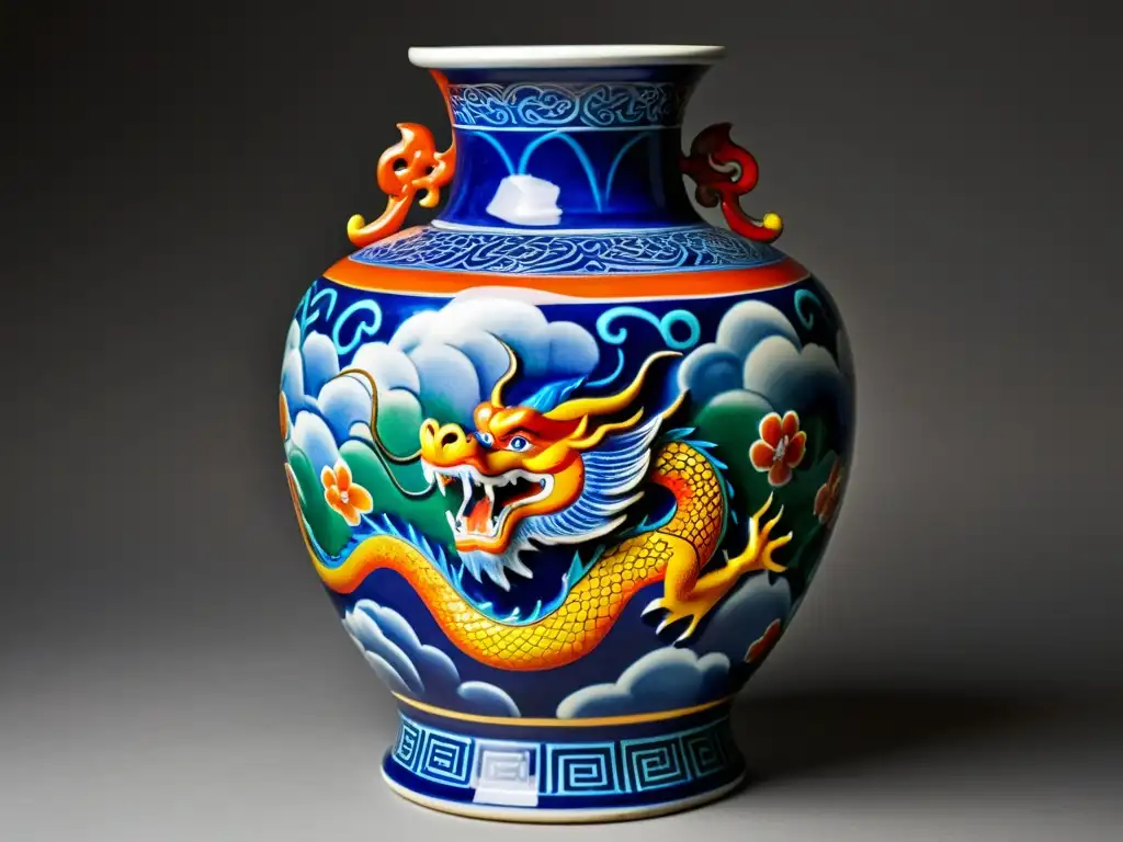 Vaso de cerámica china con dragón mítico en colores vibrantes y detalles exquisitos, rodeado de nubes