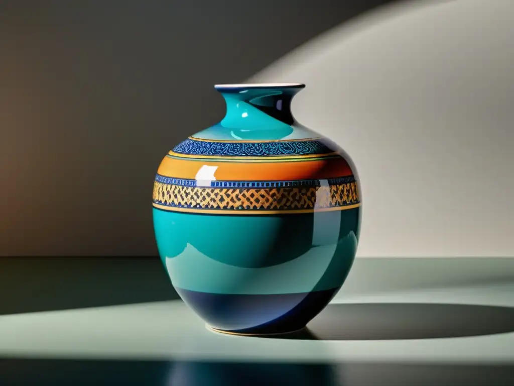 Vaso de cerámica contemporánea con diseños pintados a mano en colores vibrantes, destacando la artesanía y el arte en la decoración