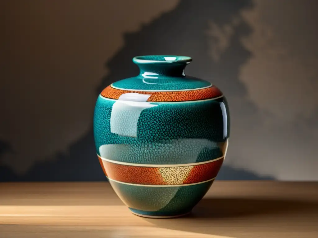 Vaso de cerámica Raku japonés iluminado con luz cálida, mostrando la técnica japonesa Raku cerámica y patrones tradicionales