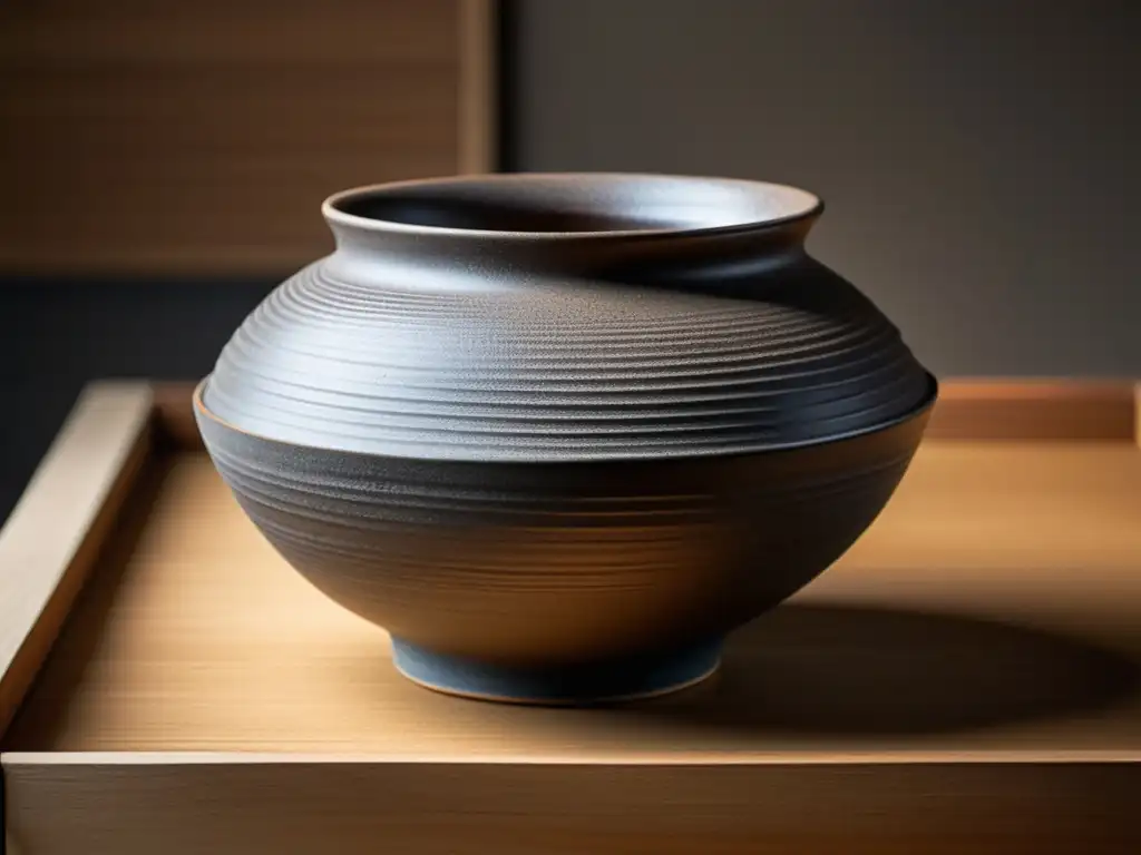 Vaso de cerámica Bizenyaki japonés con texturas naturales y acabado sin esmalte, resaltando su artesanía única en tonos terrosos