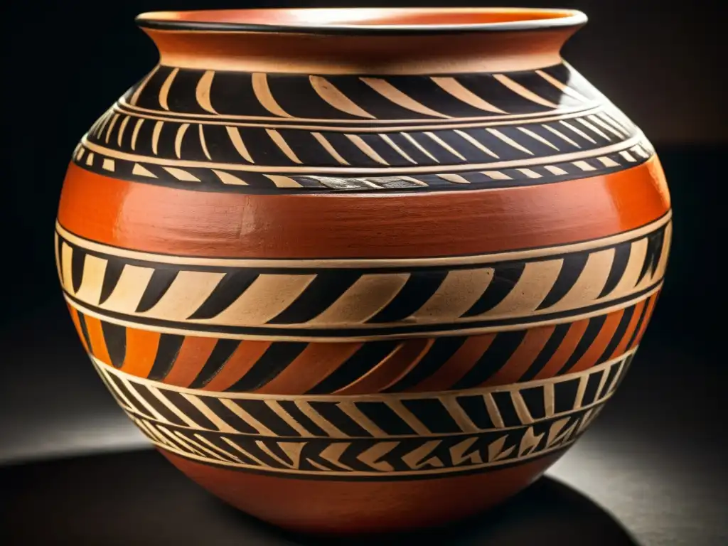 Vaso de cerámica precolombina con patrones geométricos y colores terrosos vibrantes, evocando significado cultural e historia