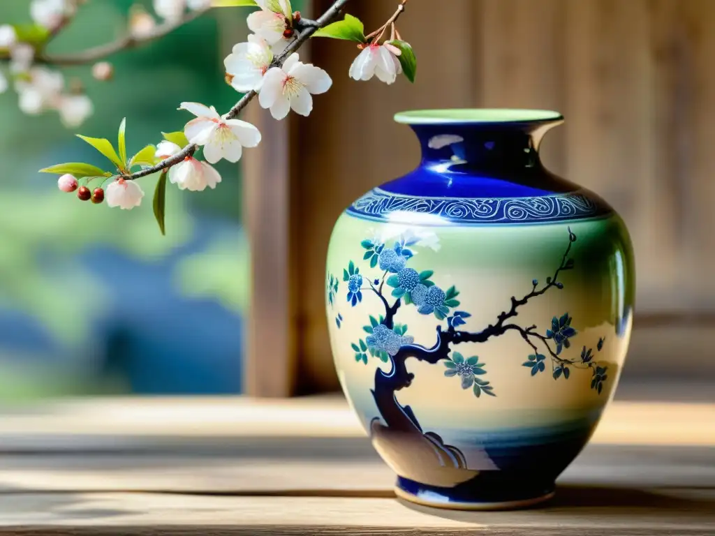 Vaso de cerámica vintage Awaji, pintado a mano con detalles en azul, verde y crema