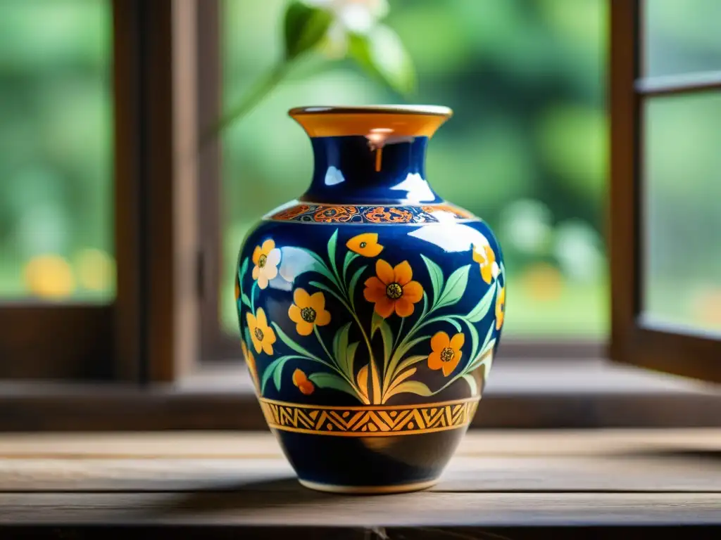 Vaso de cerámica vintage con diseños florales intrincados y colores vibrantes, exhibido en una mesa de madera envejecida