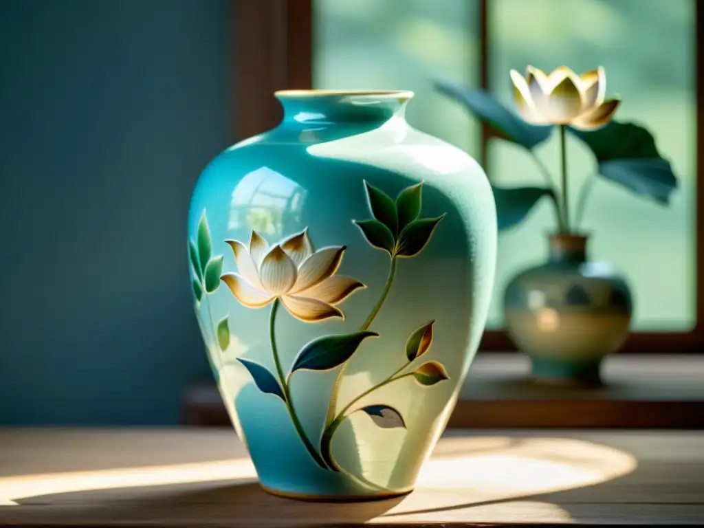 Vaso cerámico dinastía Song China con lotos pintados a mano en seda vintage