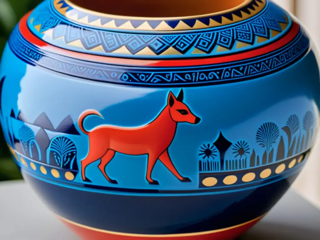 Vaso cerámico con patrones artísticos de culturas del mundo en azul, rojo y oro