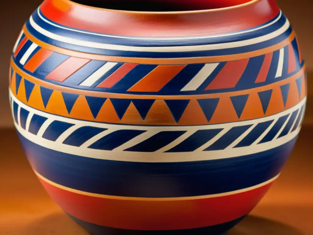 Antigua vasija precolombina con patrones geométricos y colores vibrantes Vaso cerámico prehispánico con patrones artísticos contemporáneos