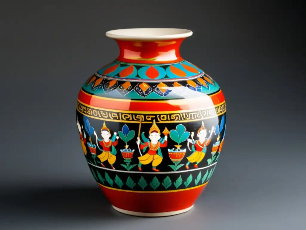 Vaso cerámico vintage de Bhután, con motivos sagrados y terrenales