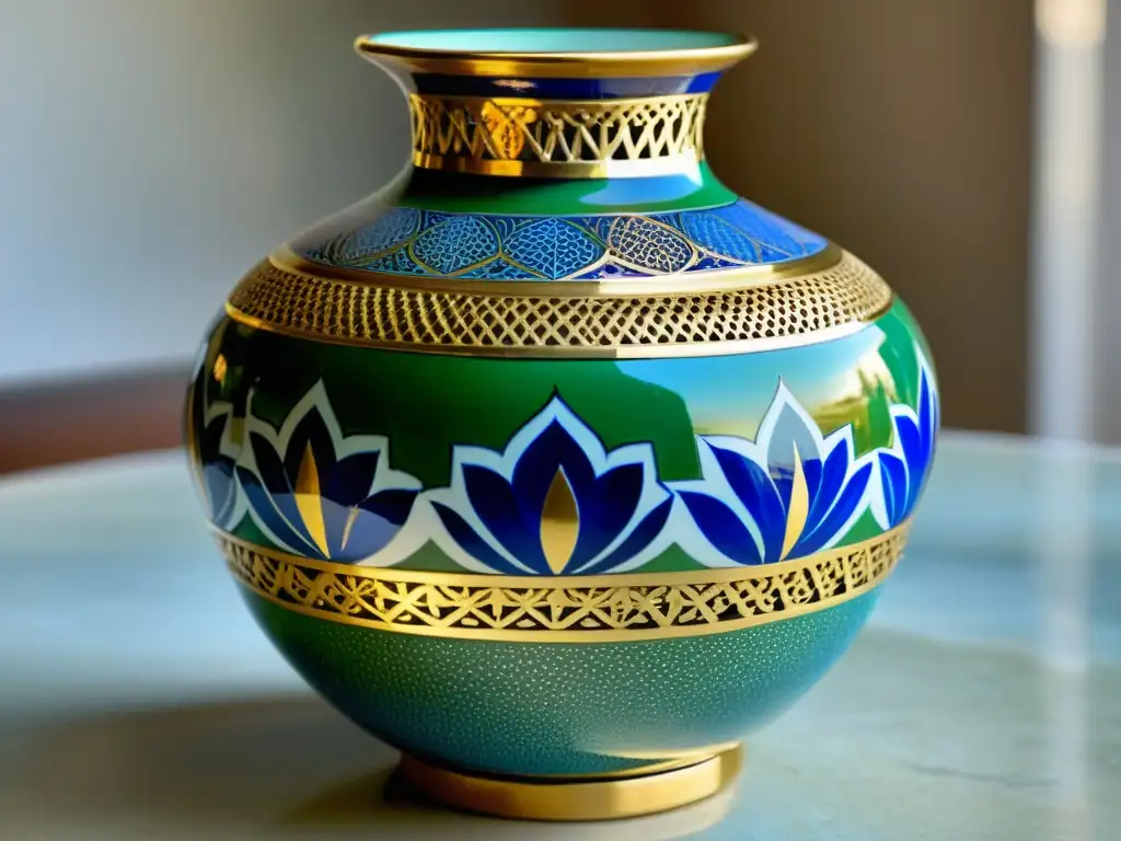 Vaso cerámico tailandés vintage pintado a mano con motivos de lotus, elefantes y patrones geométricos en azul, verde y oro