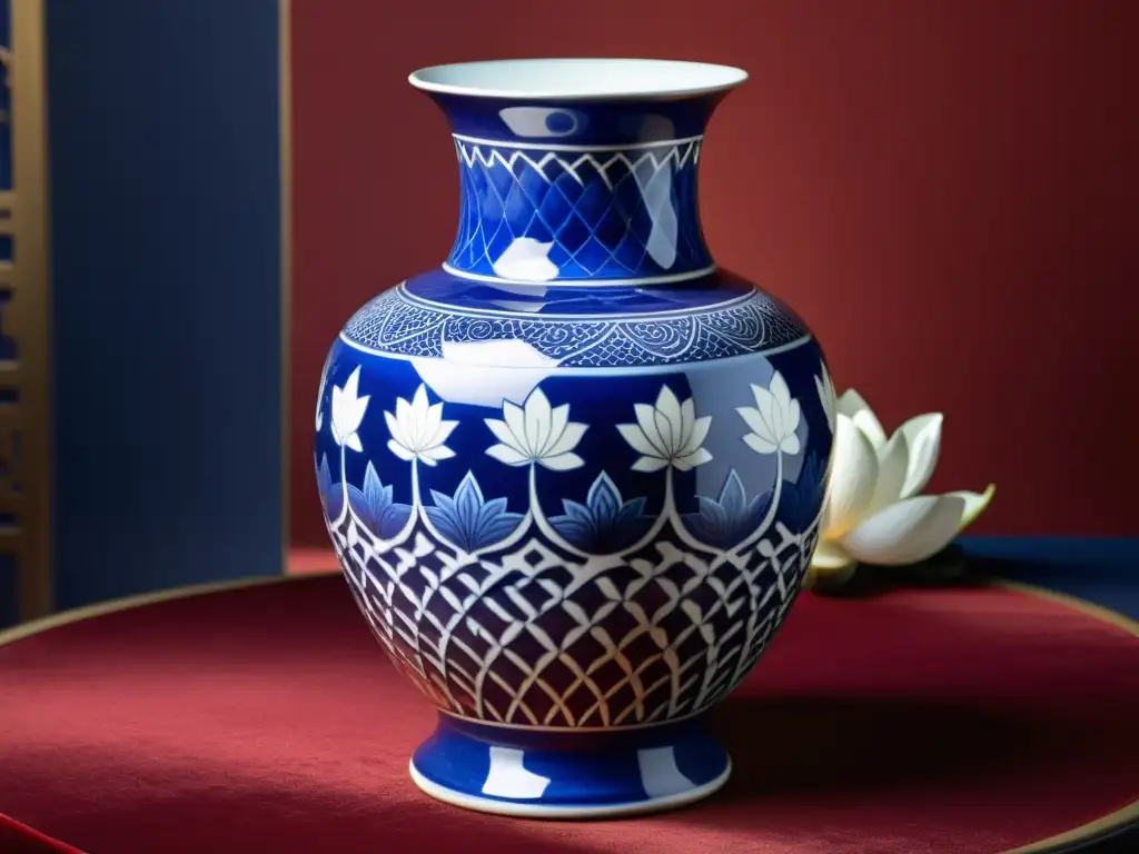 Vaso chino de cerámica vintage pintado a mano con patrones de la dinastía Ming en azul cobalto y blanco, adornado con flores de loto y fénix, sobre seda roja