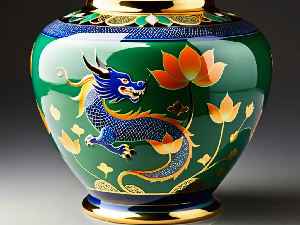 Exquisito jarrón de porcelana pintado a mano con motivos chinos tradicionales Vaso de porcelana chino con dragones, flores de loto y patrones geométricos