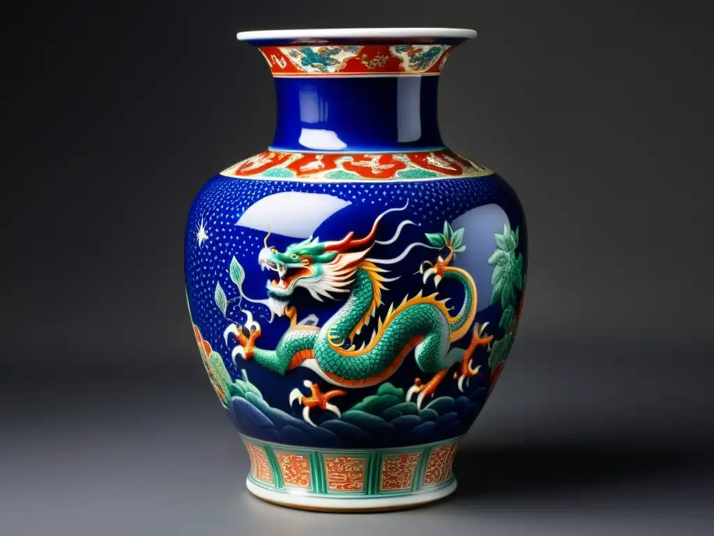 Vaso chino de porcelana con figuras míticas en azul, rojo y verde, simbolizando el significado de las figuras míticas asiáticas en la cultura china