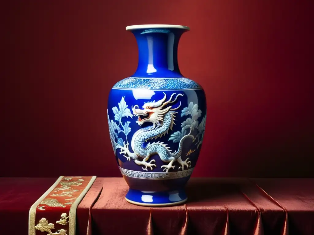 Vaso dinastía Ming con patrones cerámica china historia milenaria en vivos colores sobre seda roja