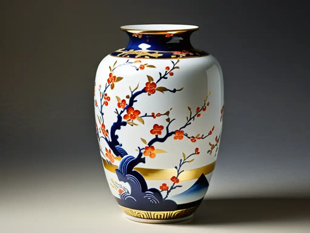 Vaso de porcelana de Arita con diseño de cerezos en flor y jardín japonés, influencias evolución de la artesanía