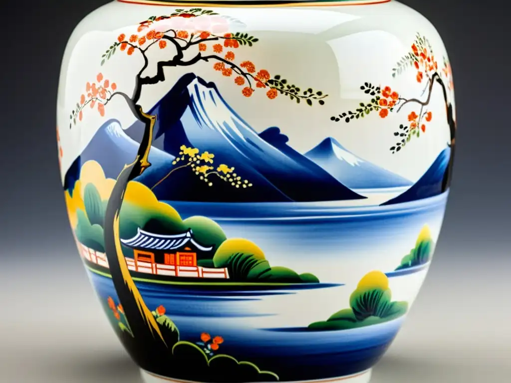 Vaso de porcelana de Arita con paisaje japonés pintado a mano, muestra la artesanía y elegancia de la Porcelana de Arita influencias evolución