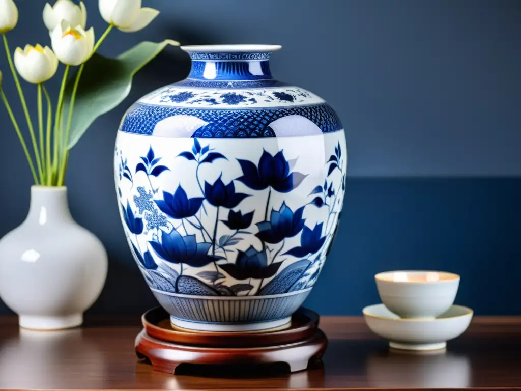 Vaso de porcelana china azul con motivos tradicionales, como flores de loto y dragones, en un elegante soporte de madera oscura