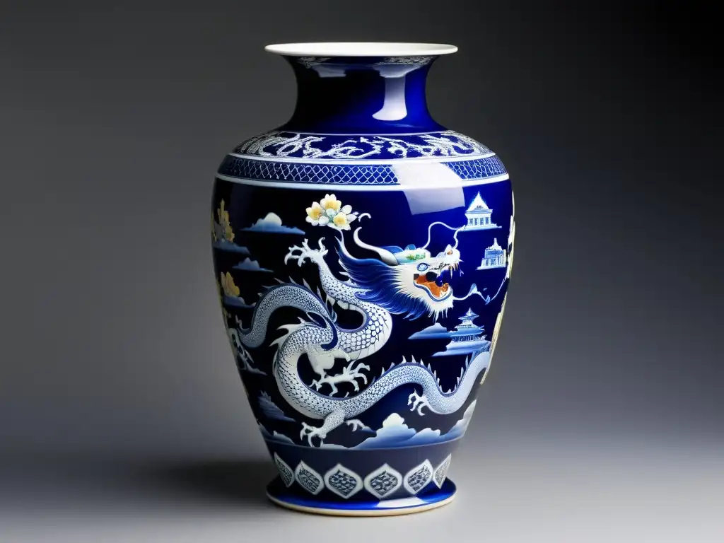 Vaso de porcelana china con símbolos imperiales pintados a mano en azul y oro