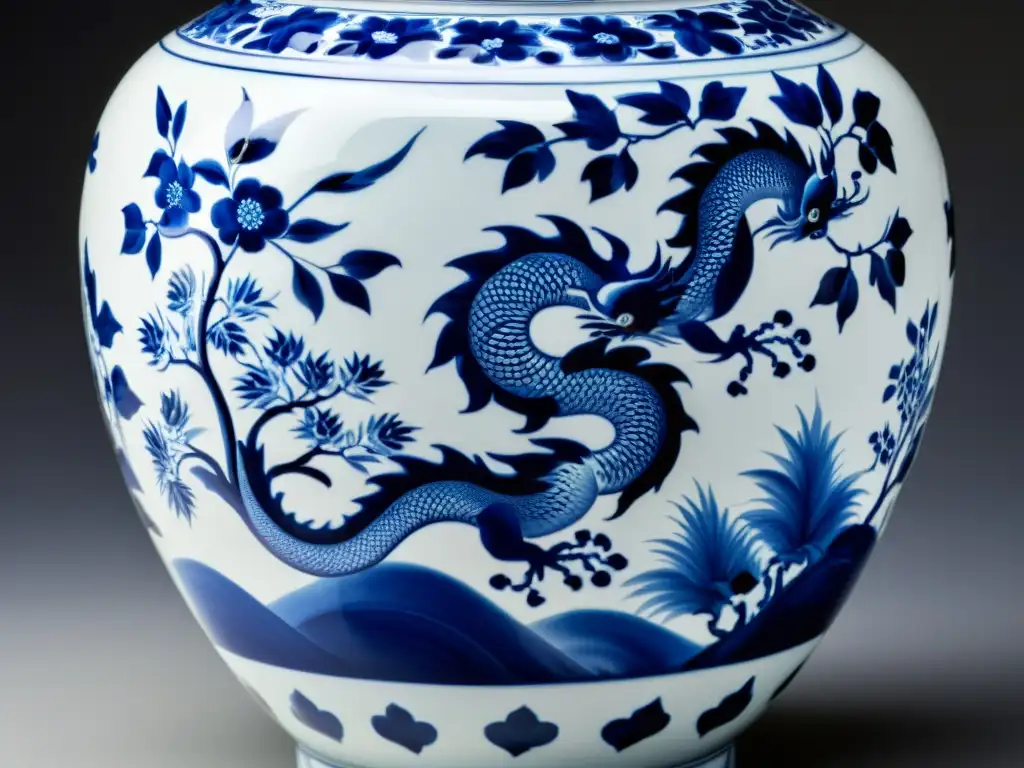 Vaso de porcelana china tradicional con patrones azules y blancos que representan la naturaleza y el significado de los patrones tradicionales China