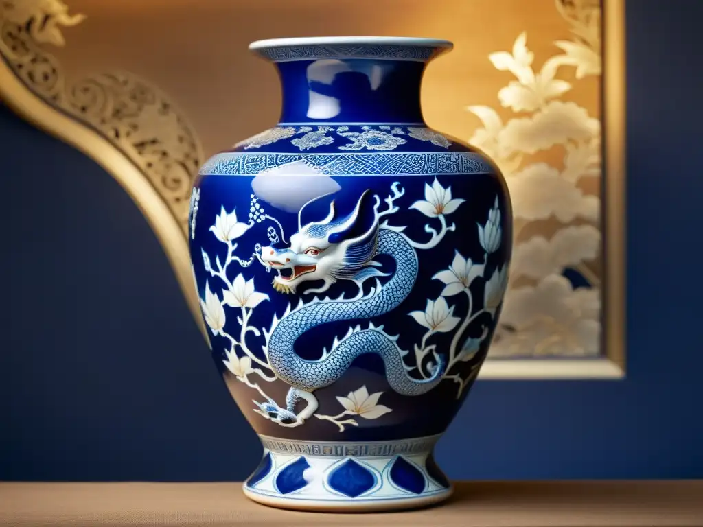 Vaso de porcelana de la dinastía Ming con dragones y lotos, simbolismo cerámica china