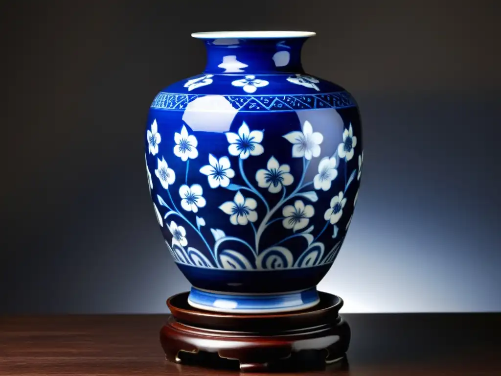 Vaso de porcelana de la dinastía Ming con motivos florales azules y blancos