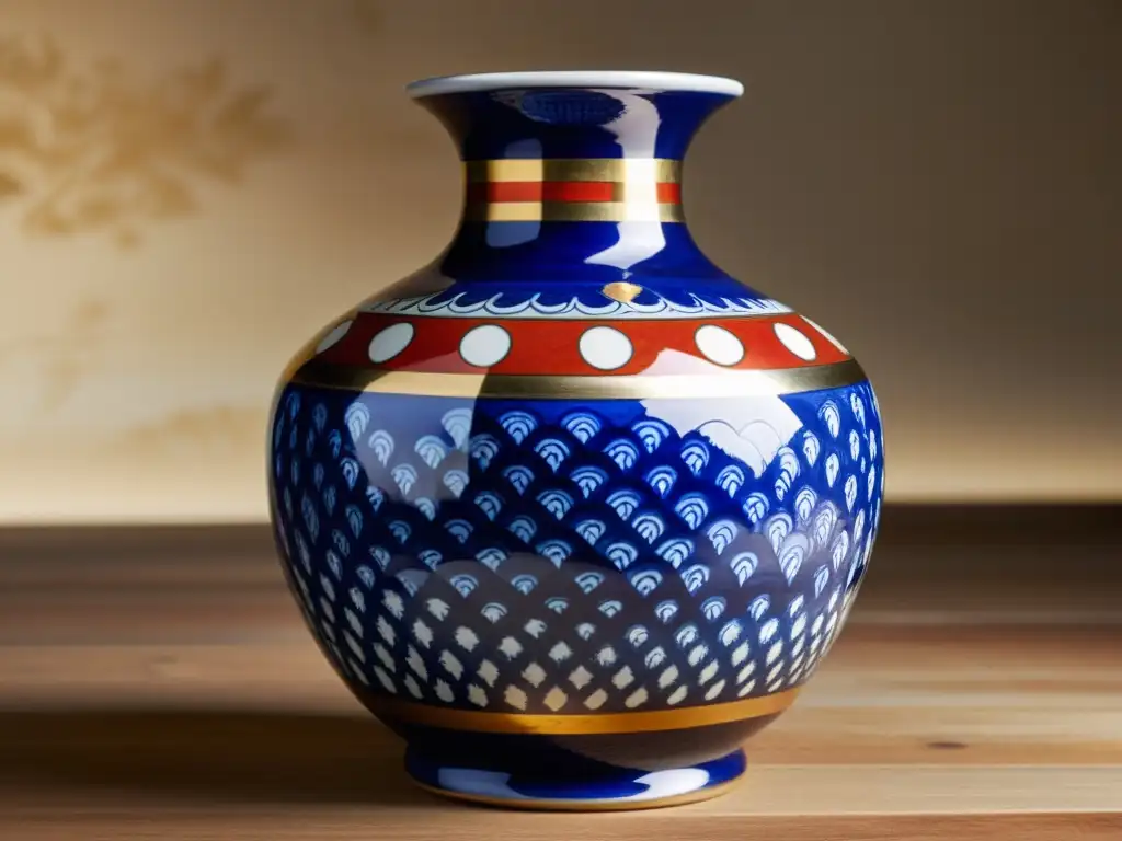 Vaso de porcelana Imari japonés con detalles en azul cobalto, rojo intenso y toques dorados, mostrando su artesanía bajo luz suave