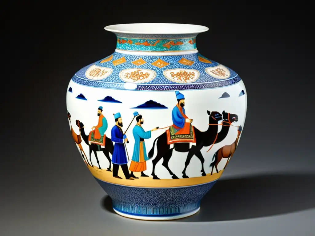 Vaso de porcelana pintado con escena de la Ruta de la Seda, influencias de la cerámica asiática reflejadas en detalles y colores vibrantes