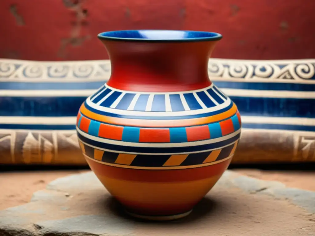 Vaso prehispánico con patrones mesoamericanos en ruinas, destacando su historia y artesanía ancestral