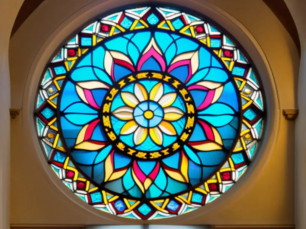 Ventana de rosetón de catedral medieval, con patrones simétricos en vitrales y reflejos de luz, evocando principios de patrones en arte religioso