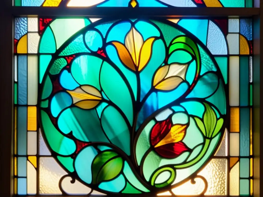 Ventana de vidrio Art Nouveau con diseños florales en colores vibrantes