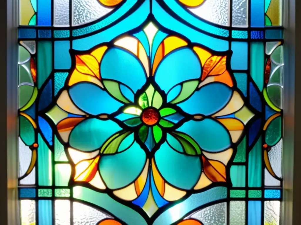 Ventana de vidrio Art Nouveau con patrones artísticos en verde, azul y naranja, creando un efecto hipnótico y cálido