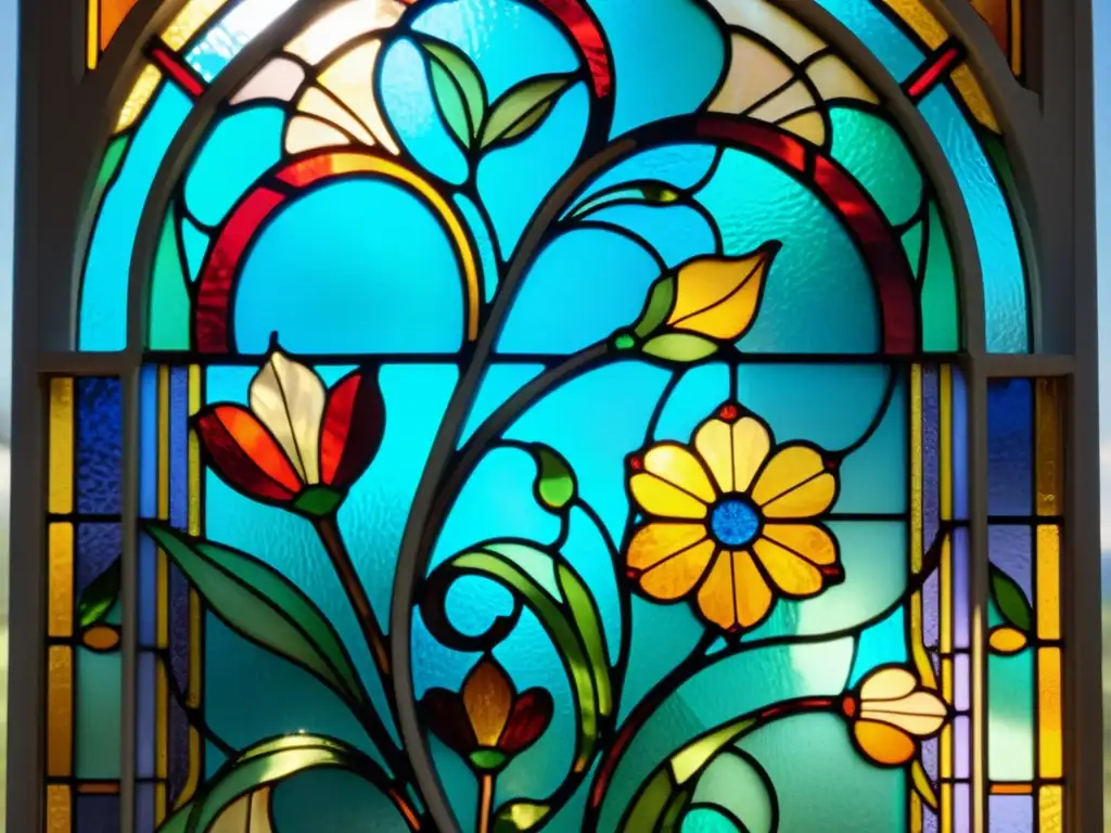 Ventana de vitral Art Nouveau vintage con patrones florales en colores vibrantes, iluminada por la luz solar, para inspiración en diseño Art Nouveau