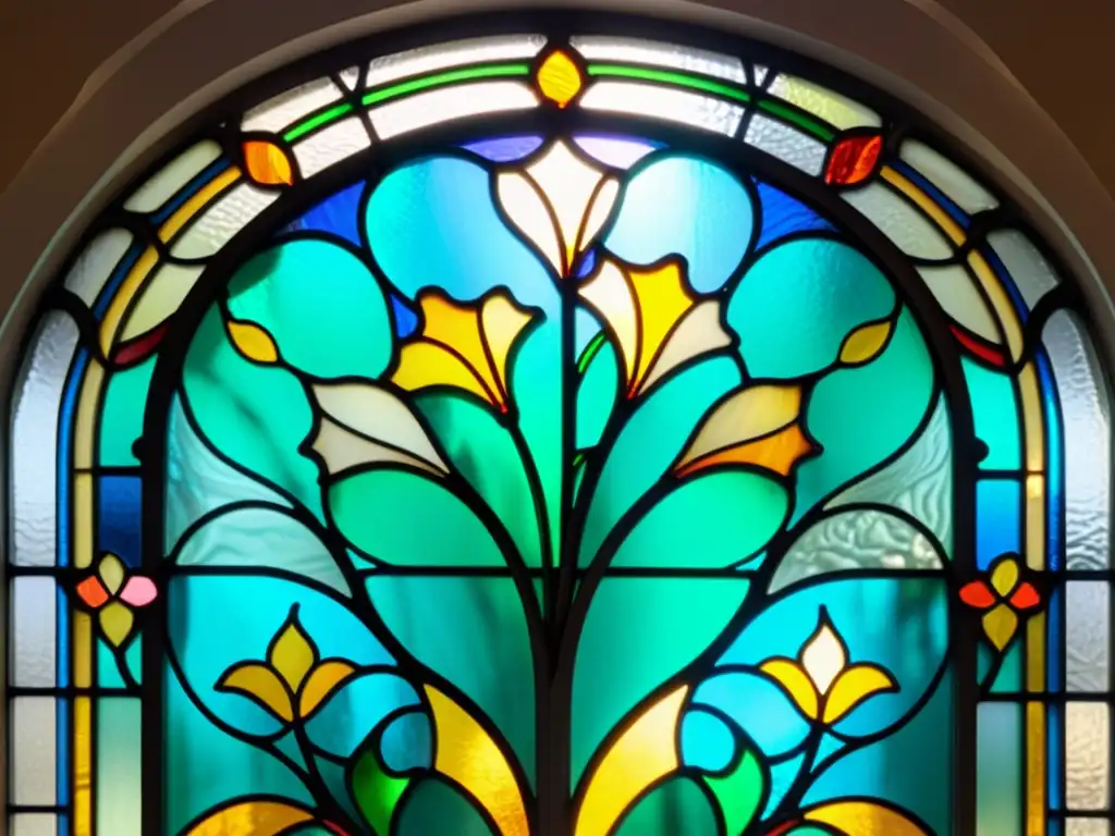 Ventana de vitral Art Nouveau con patrones artísticos de culturas mundiales, colores vibrantes y motivos florales, evocando elegancia atemporal