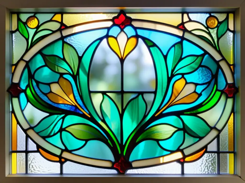 Ventana de vitral Art Nouveau con patrones artísticos de culturas mundiales, colores vibrantes y belleza natural en la luz solar