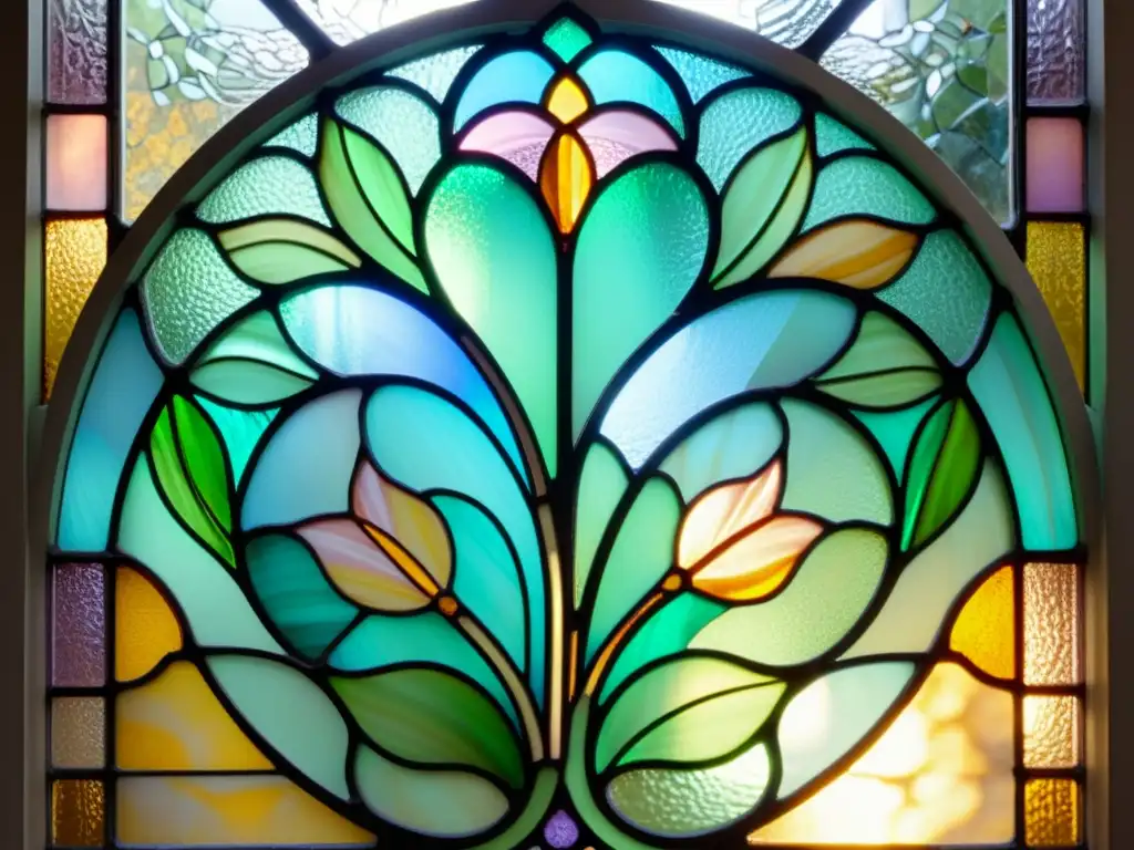 Ventana de vitral Art Nouveau con patrones artísticos en tonos suaves, iluminada por el sol filtrado