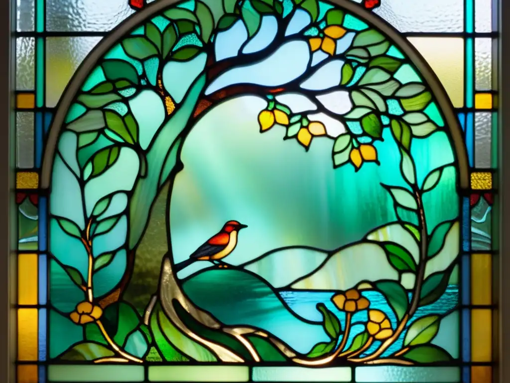 Ventana de vitral Art Nouveau con patrones artísticos en la exuberante escena del bosque, aves y flores, bañada en luz etérea