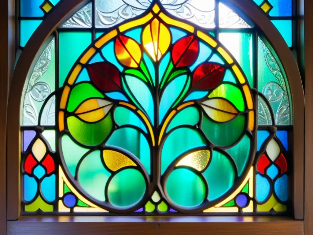 Ventana de vitral Art Nouveau vintage con patrones artísticos culturas mundo en colores vibrantes, proyectando una hermosa danza de luz y sombra