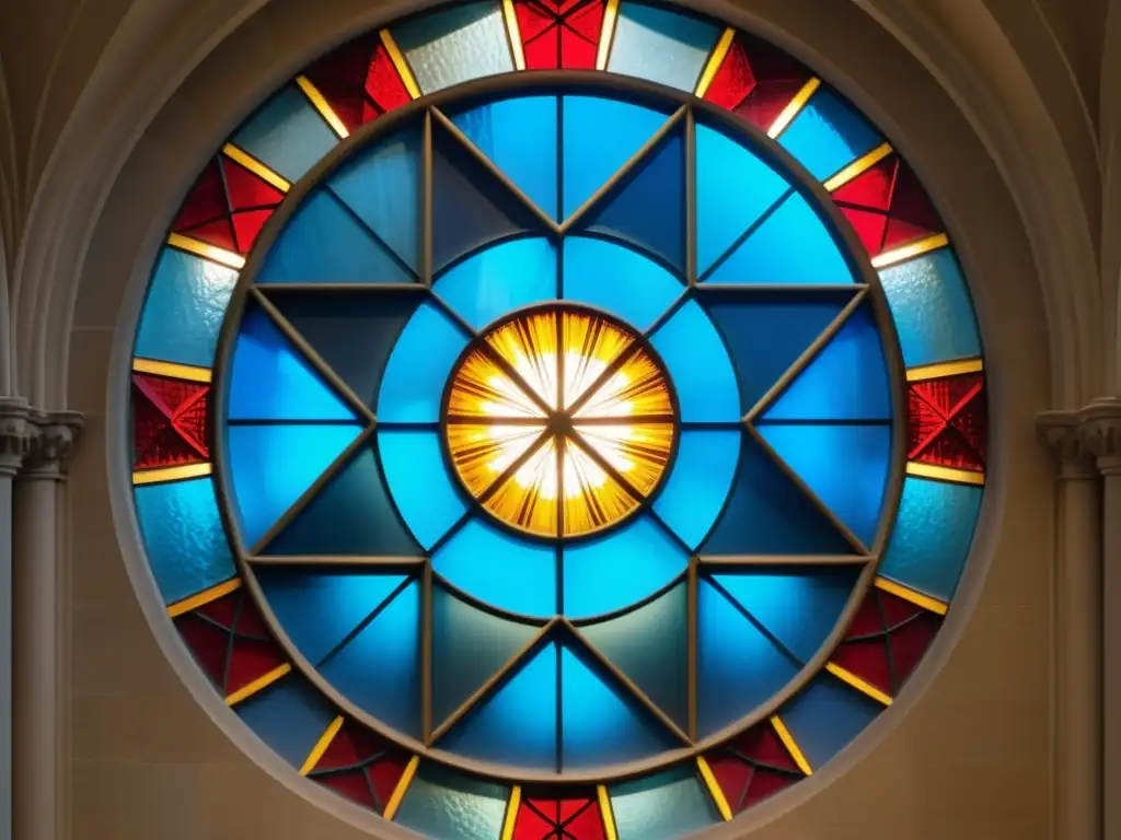 Ventana de vitral con significado espiritual de geometría sagrada, deslumbrante juego de luz y sombra en la catedral