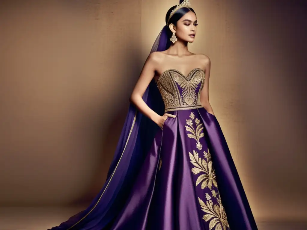 Vestido de alta costura inspirado en la moda imperial, con patrones dorados y púrpuras