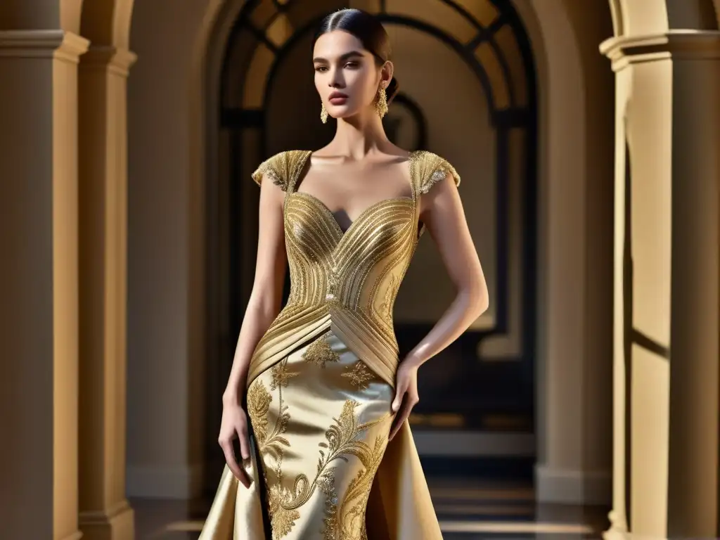 Vestido de alta costura con patrones dorados, exquisita artesanía y diseño opulento en tela dorada brillante