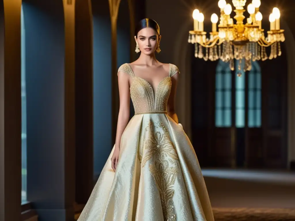 Vestido de alta costura con patrones dorados y encaje, iluminado por candelabros, emana sofisticación y glamour de la alta costura
