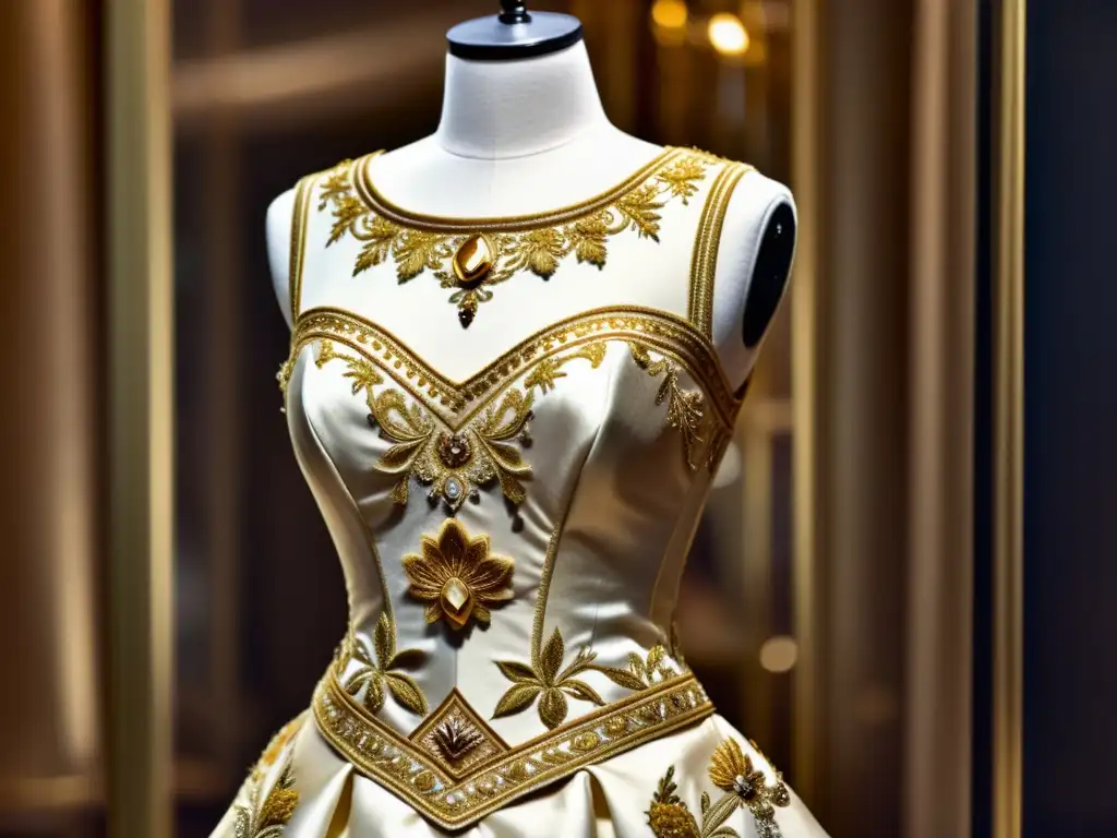 Un vestido de alta costura con patrones dorados exquisitos, evocando elegancia y lujo atemporal