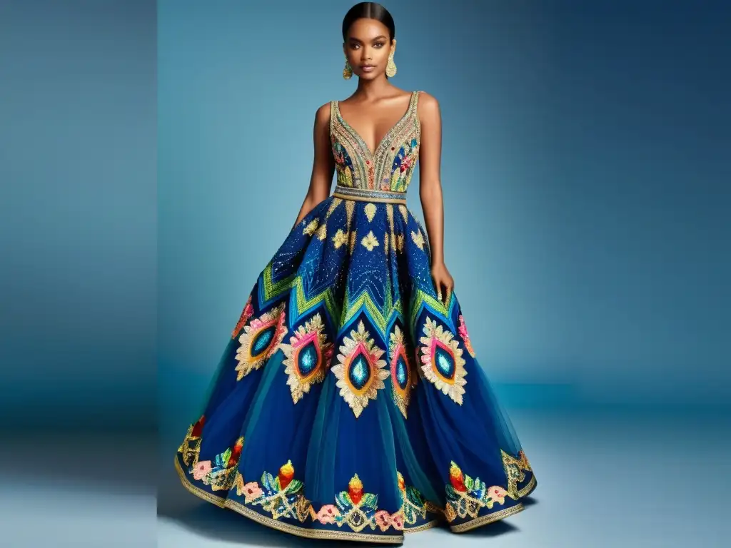 Vestido de alta costura con patrones multicolor, bordados y perlas, evocando elegancia y opulencia atemporal