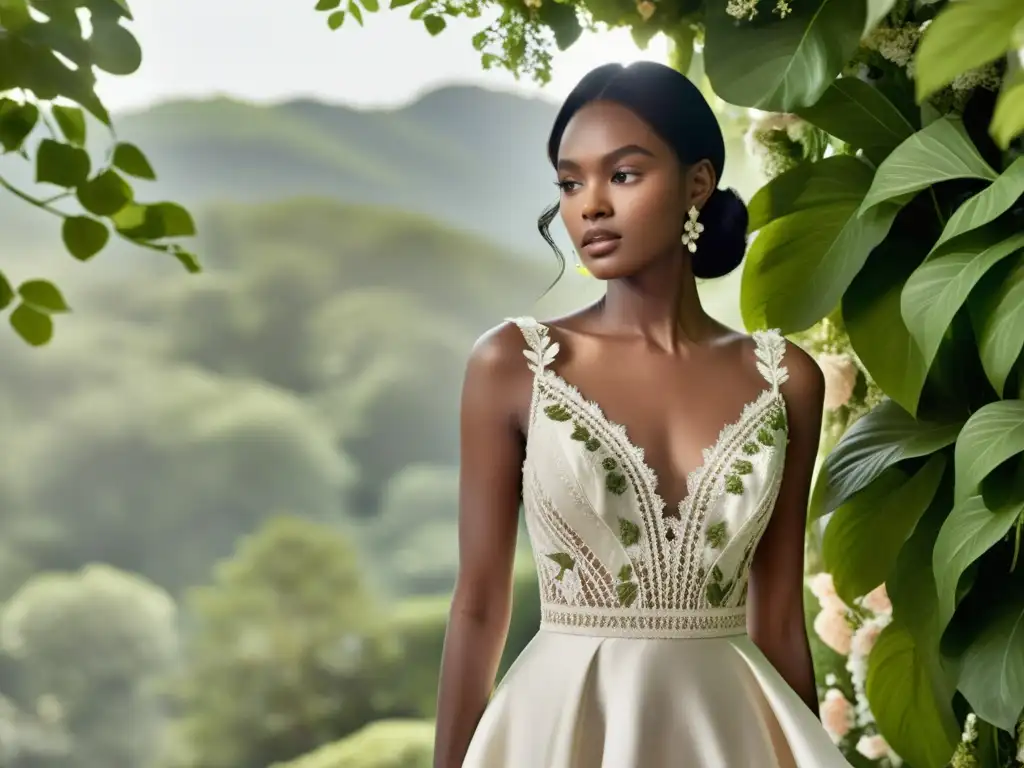 Vestido de alta costura con patrones orgánicos, en armonía con la naturaleza exuberante y la luz suave