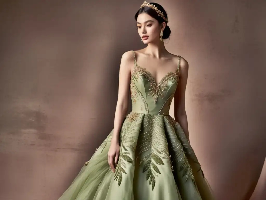 Vestido de alta costura con patrones orgánicos en seda organza, en tonos verde musgo, rosa y dorado, en un jardín botánico exuberante