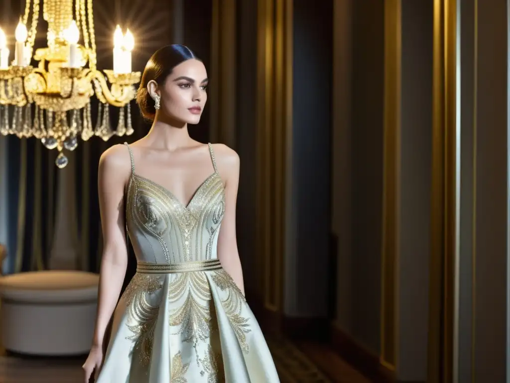 Un vestido de alta costura vintage con patrones metálicos, deslumbrando bajo la suave luz de un candelabro